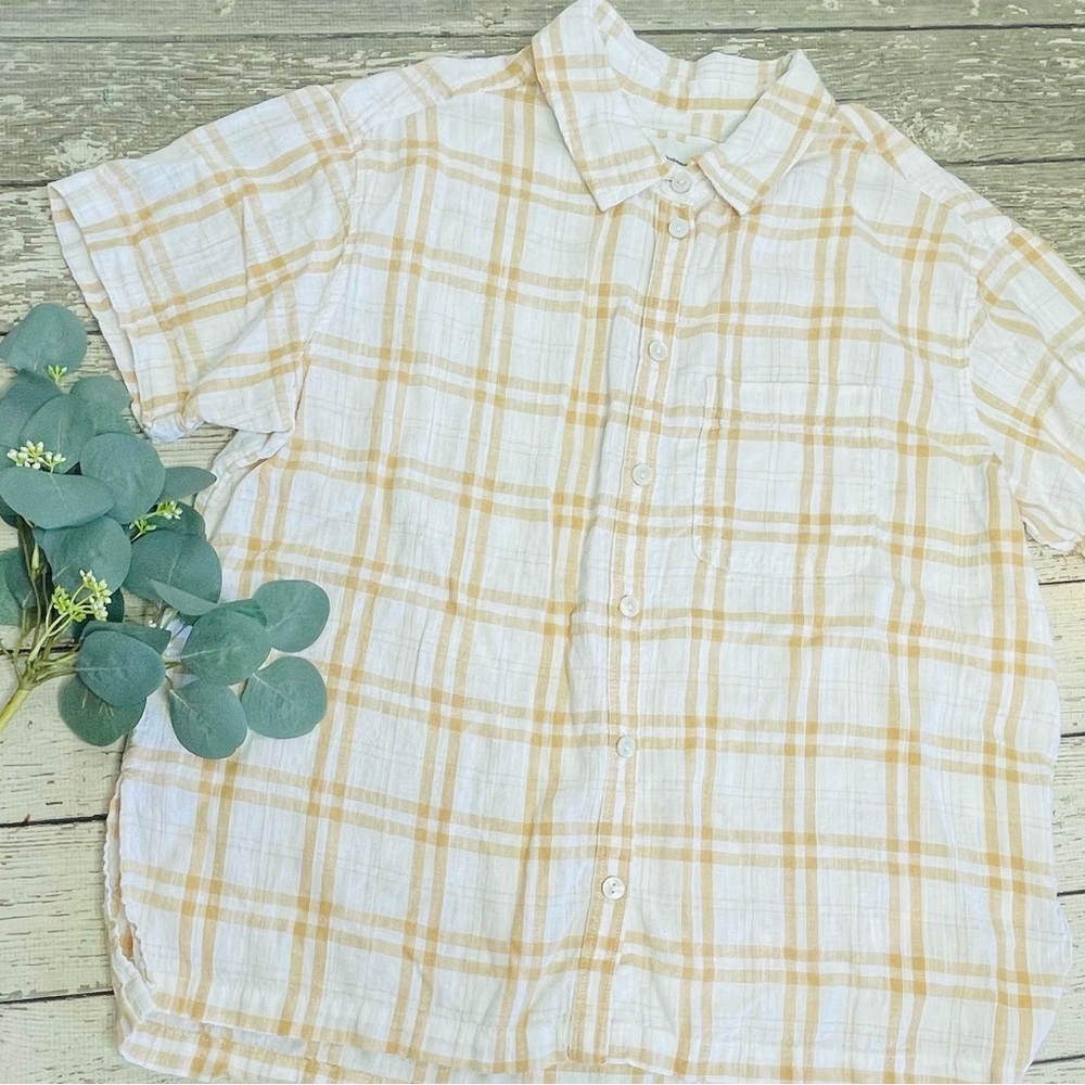 American Eagle Plaid Linen Oversized Button Up Shirt